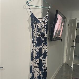Elegant Navy and White Palm Print Maxi Dress